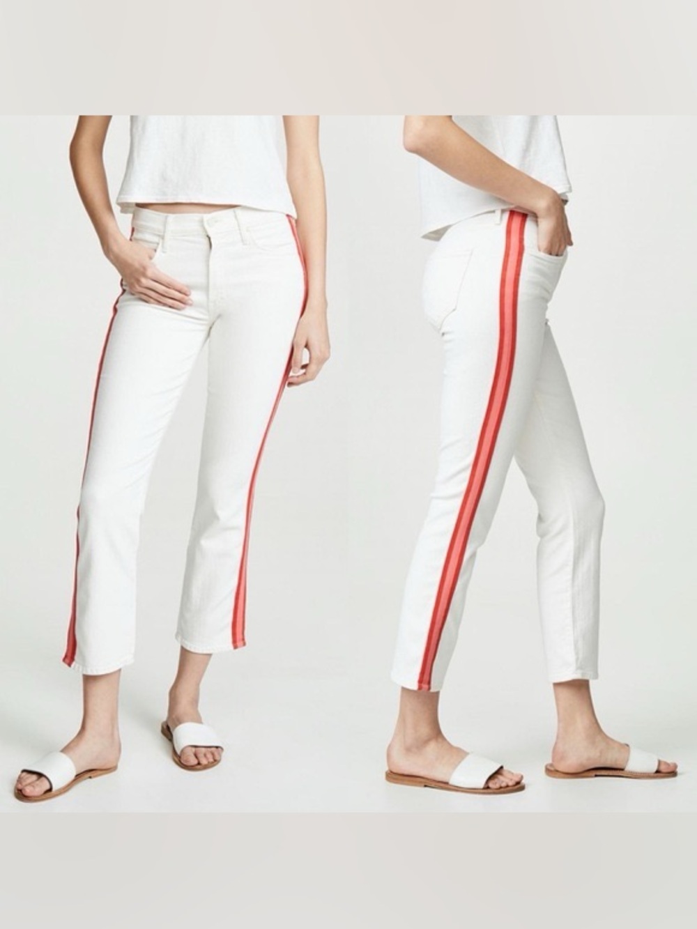 MOTHER Mid Rise Dazzler Crop White Ankle Jeans Pink Red Racer Stripes Size 26